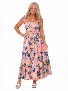 First Love Pink Floral Ruffled-Strap Maxi Dress Size Large